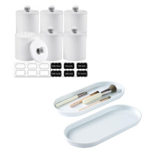 Bathroom Vanity Organizer Set, White Acrylic Vanity Tray with 6 Dispenser Jars and Labels