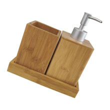 Bamboo Bathroom Accessories Set with Soap Dispenser Toothbrush Holder and Refillable Shampoo Bottles