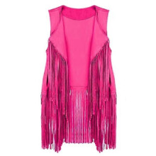 (M, rose red) Women Vests Women Autumn Winter Suede Leather Ethnic Sleeveless Tassels Frill Waistcoat Vest