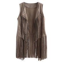 (3XL, Beige) Women Vests Women Autumn Winter Suede Leather Ethnic Sleeveless Tassels Frill Waistcoat Vest