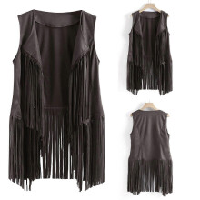 (L, grey) Women Vests Women Autumn Winter Suede Leather Ethnic Sleeveless Tassels Frill Waistcoat Vest