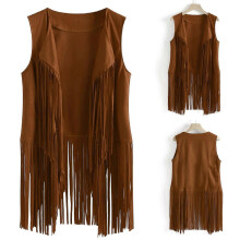 (S, khaki) Women Vests Women Autumn Winter Suede Leather Ethnic Sleeveless Tassels Frill Waistcoat Vest