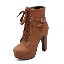 Heel Boots for Women Brown Round Toe Platform Stiletto Lace Up Boots with Adjustable Belt Buckles Size 11