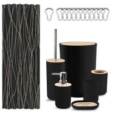 19 Piece Bathroom Accessories Set with Trash Can, Complete Black Shower Curtain Set for Modern Bathroom Decor