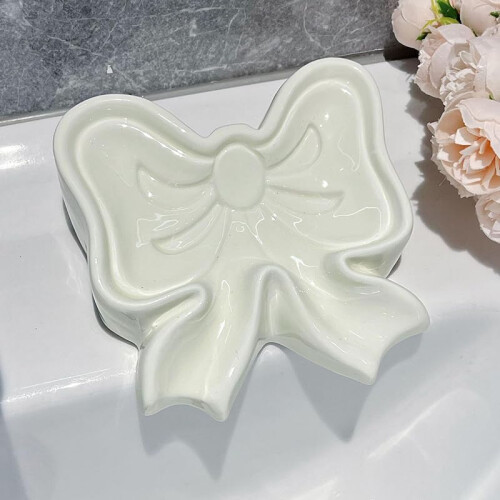 White Ceramic Self Draining Soap Dish, Decorative Bow Shaped Holder for Bathroom and Kitchen Sink