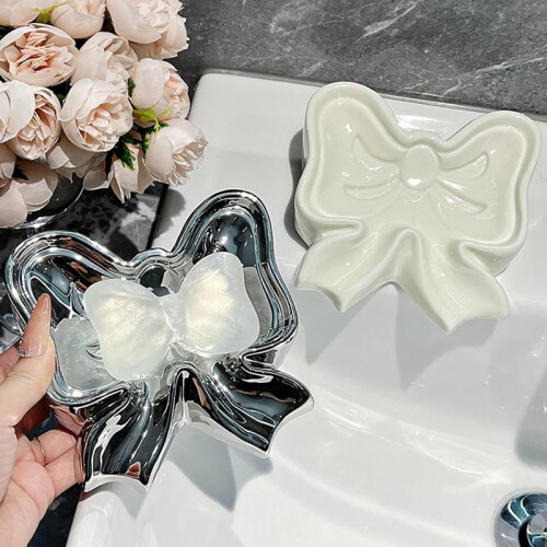 White Ceramic Self Draining Soap Dish, Decorative Bow Shaped Holder for Bathroom and Kitchen Sink 2