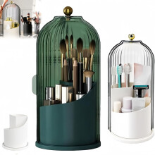 Bathroom Toothbrush Holder and Rotating Makeup Brush Organizer, 360 Waterproof Dustproof Vanity Storage with Sliding Lid, Green