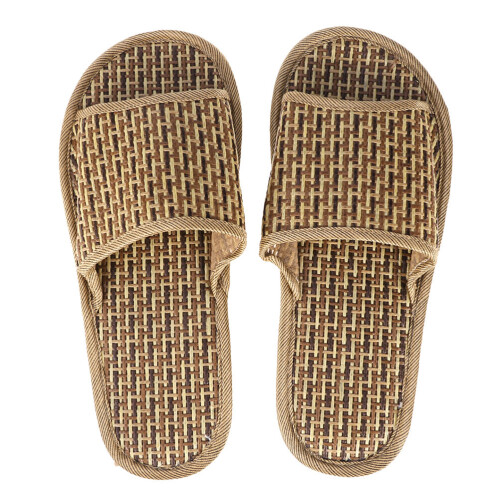 1Pair Khaki Bamboo Slippers Open Toed Flat Sandals for Home Use