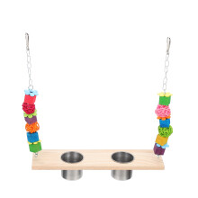 1Set Bite Resistant Wooden Parrot Swing Toy Stand with Bird Feed Cups