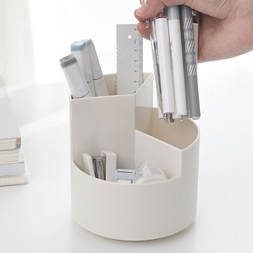 1Pc Plastic Rotatable Pen Organizer Beige Brush Pot Desktop Storage 2