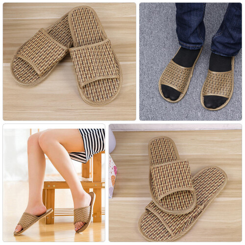 1Pair Khaki Bamboo Slippers Open Toed Flat Sandals for Home Use 2