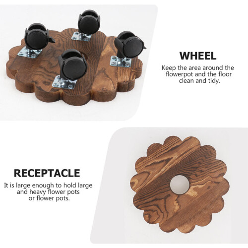 1Pc Solid Wood Plant Moving Tray with Rollers Brown Adjustable Hole 2