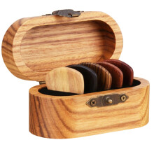 Wooden Guitar Pick Holder Box for Musicians, Compact Natural Organizer with Mixed Color Picks