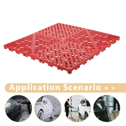2Pcs Red Plastic Garage Floor Tiles Interlocking Drainage Mat Non Slip 2