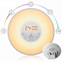 (EU Plug) Led Alarm Clock Wake Up Night Light Sunrise Sunset Imitate Table Bedside Lamp With Fm Radio Nature Sounds Touch Control Function