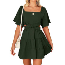 (XL, Dark green) Womens 2023 Summer Cutout Mini Dresses Short Sleeve Square Neck Crossover Waist Dress