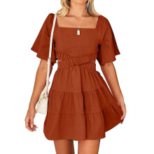 (XL, Red) Womens 2023 Summer Cutout Mini Dresses Short Sleeve Square Neck Crossover Waist Dress