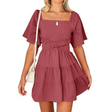 (L, Light red) Womens 2023 Summer Cutout Mini Dresses Short Sleeve Square Neck Crossover Waist Dress
