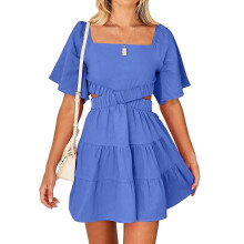 (L, Blue) Womens 2023 Summer Cutout Mini Dresses Short Sleeve Square Neck Crossover Waist Dress