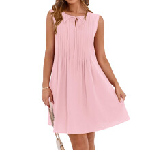 Womens Mini Dress Sleeveless Cute Bow Tie Front Loose-Pink L