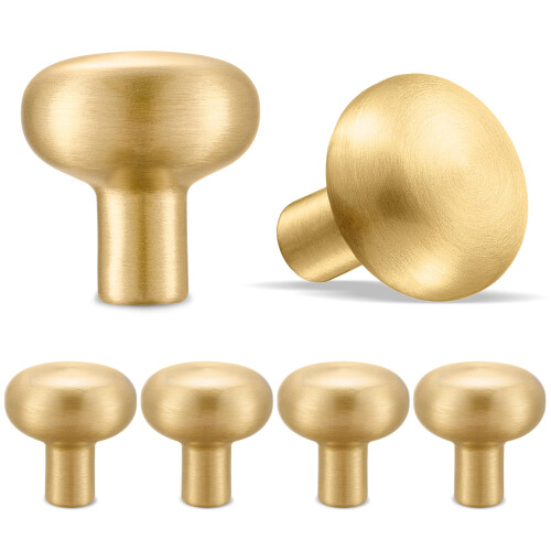 Brushed Brass Cabinet Knobs and Gold Handles, Solid Brass Construction, FingerprintResistant, 6 Pack