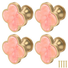 4Pcs Brass Cabinet Handles Polished Gold Finish Ergonomic Clover Design Drawer Knobs Set for Wardrobe