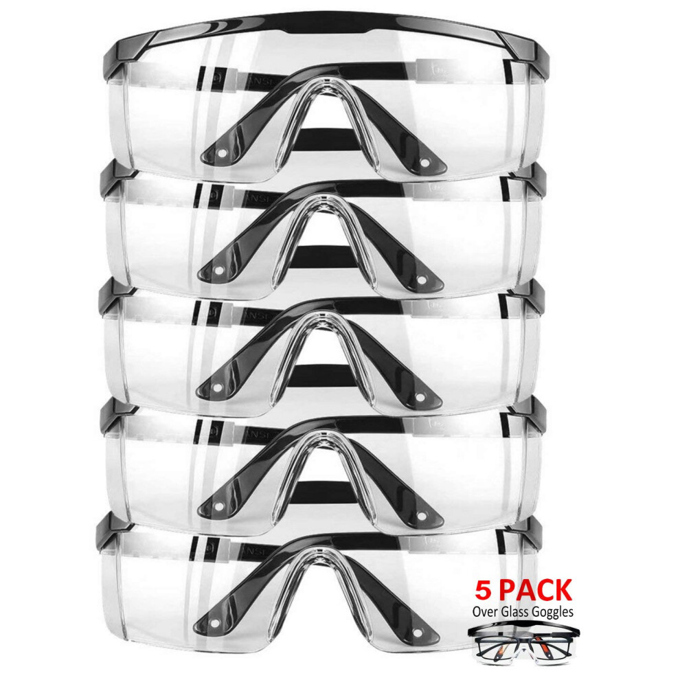 5 Pack Anti Fog Safety Goggles Over Glasses, Clear Protective Eyewear With Uv And Impact Resistant Lens, Black 9351714531665