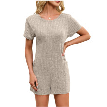 Women Casual Ribbed Short Sleeve T-Shirt Tee Romper-Khaki XXL