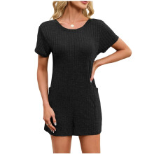 Women Casual Ribbed Short Sleeve T-Shirt Tee Romper-Black S