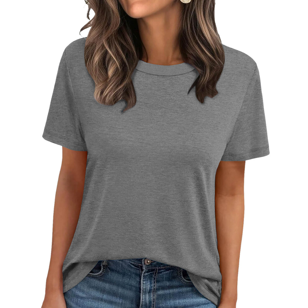 Women's Summer Short-Sleeve Ribbed Crew Neck T-Shirt --Gray XL