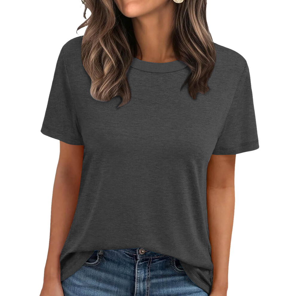 Women's Summer Short-Sleeve Ribbed Crew Neck-Dark Grey S