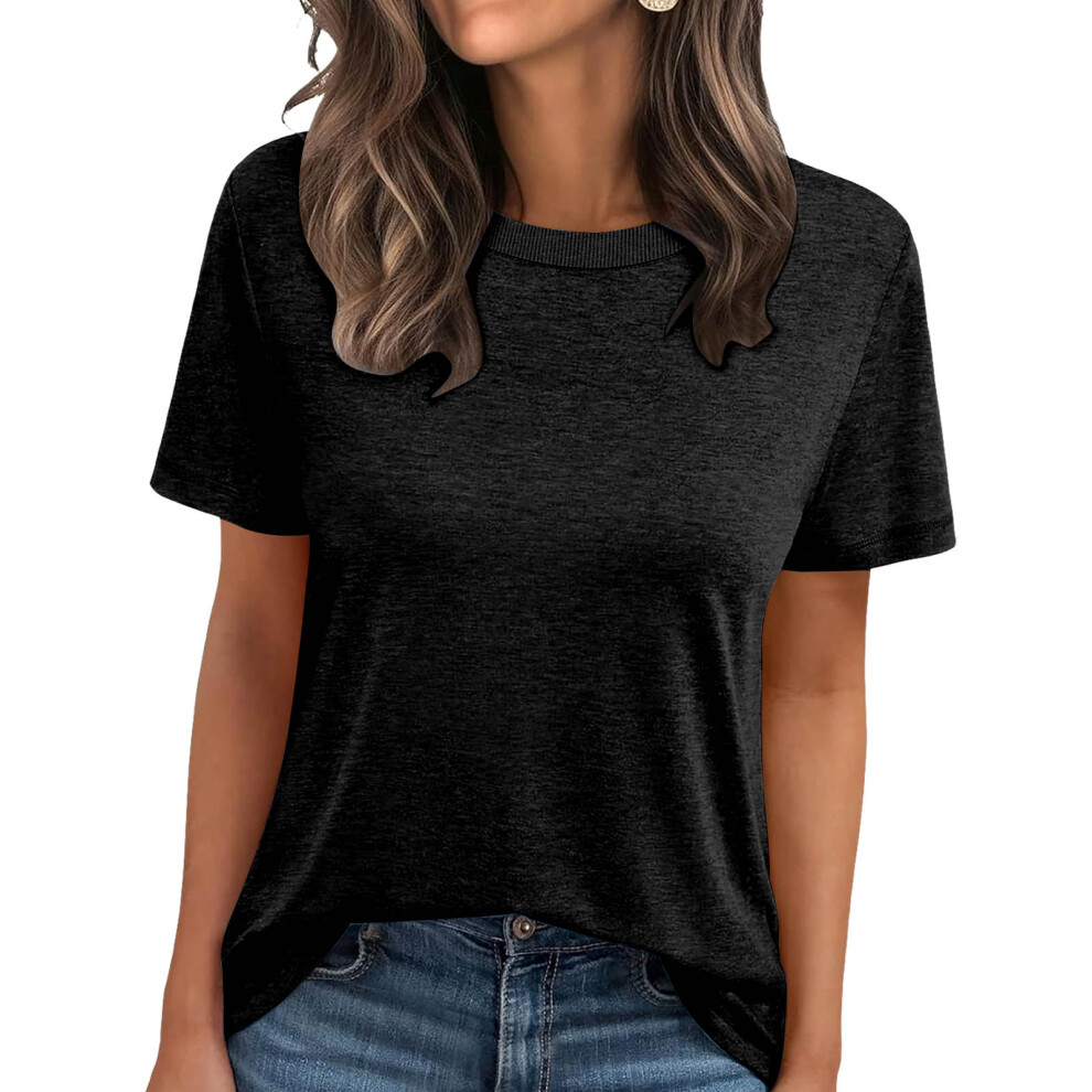 Women's Summer Short-Sleeve Ribbed Crew Neck T-Shirt-Black XXL