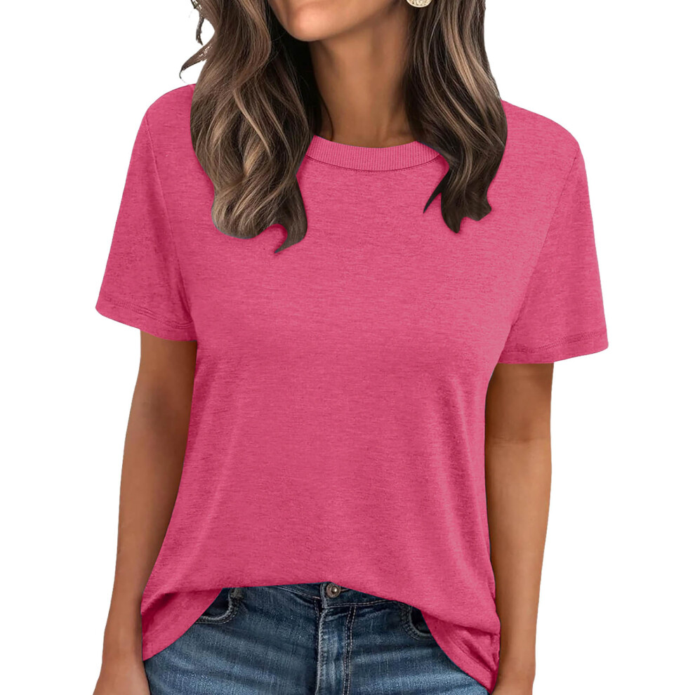 Women's Summer Short-Sleeve Ribbed Crew Neck-rose red XXL