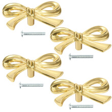 4 Pack Gold Cabinet Knobs Solid Brass Bow Drawer Pulls Elegant Polished Finish for Dresser Cupboard