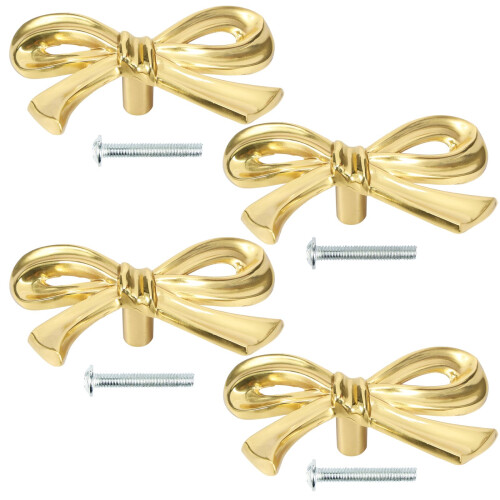 4 Pack Gold Cabinet Knobs Solid Brass Bow Drawer Pulls Elegant Polished Finish for Dresser Cupboard