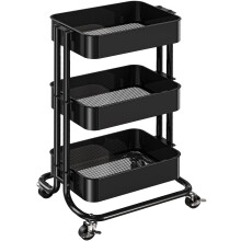 3 Tier Rolling Utility Cart with Lockable Wheels, Heavy Duty Metal Storage Organizer for Kitchen, Black
