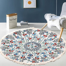 Round Mandala Chair Mat for Hardwood Floors, Boho AntiSlip Office Rug with Fringe Tassels, Soft Linen Carpet