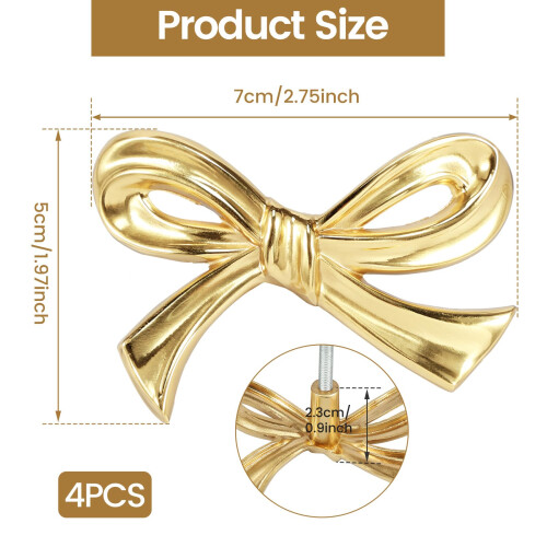 4 Pack Gold Cabinet Knobs Solid Brass Bow Drawer Pulls Elegant Polished Finish for Dresser Cupboard 1