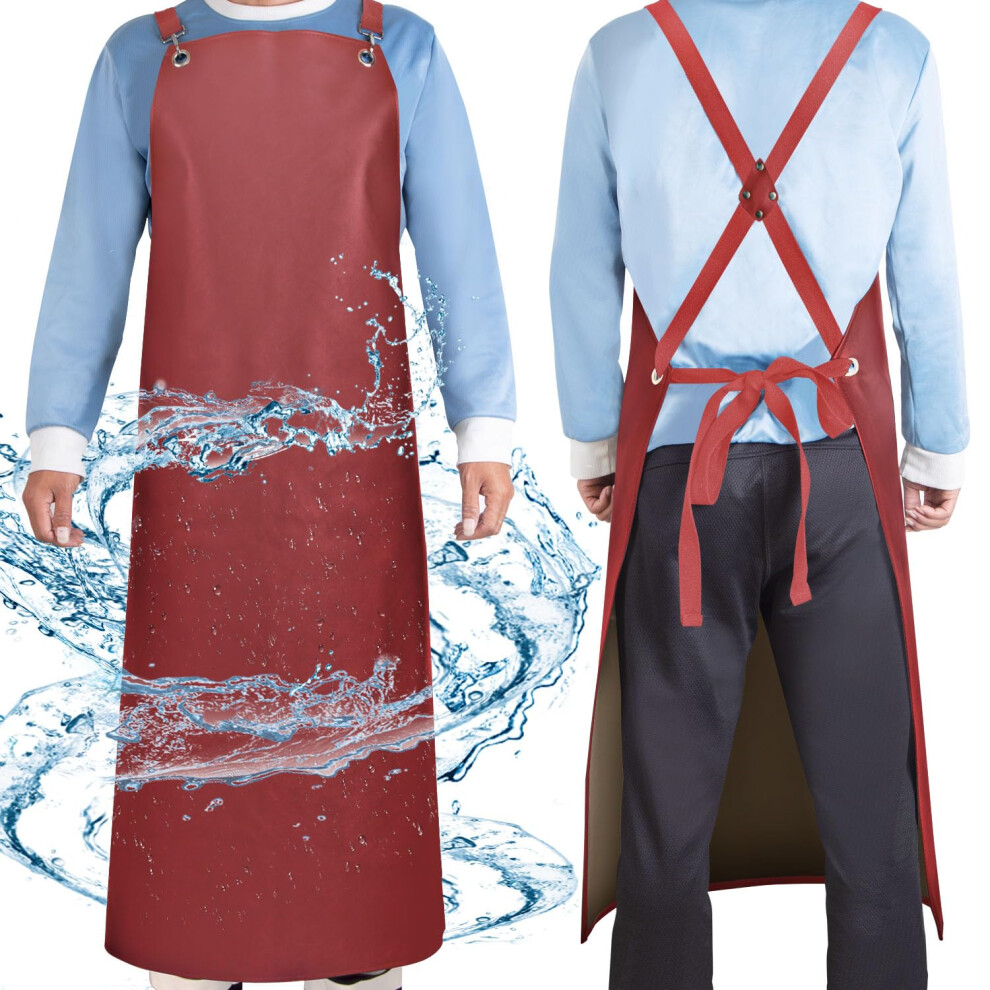 Heavy Duty Waterproof Apron For Women, Chemical Resistant Pu Dishwasher Butcher Apron With Adjustable Cross Back Straps, 43' Long Red 9330225385561