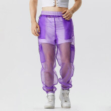(4XL, purple) INCERUN Mesh Men See Through Elastic Wiast Cargo Long Pants