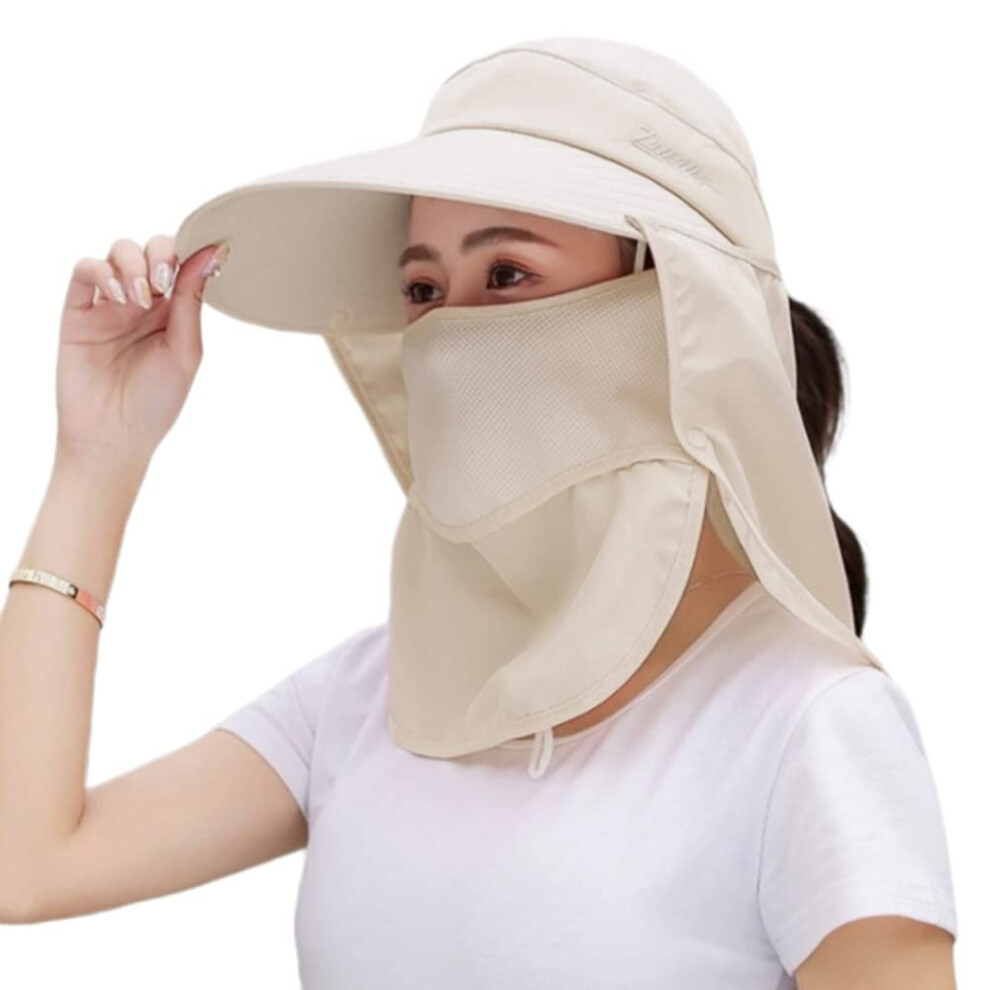 Uv Protection Sun Hat With Full Face Shield Wide Brim Beige Detachable Mesh Mask For Outdoor Activities 9330225385790