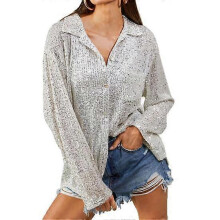 (M, white) Women Shirt Shiny Sequin Soft Lapel Loose Solid Color Cardigan Single-breasted Performance Club Party Lady Top