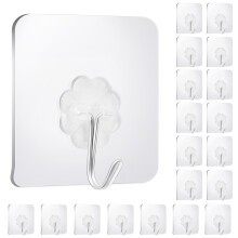 20 Pack Clear Stainless Steel Adhesive Wall Hooks, Heavy Duty Drill Waterproof Rustproof for Bathroom Kitchen Door