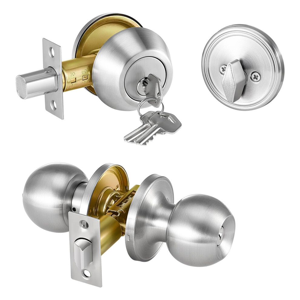 Satin Nickel Door Knob And Deadbolt Set, Keyed Entry Lockset With Enhanced Security And Easy Installation 9330225386896