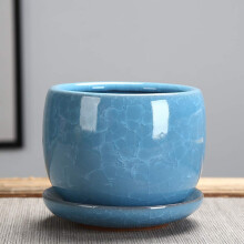 Ice Cracked Glazed Ceramic Flower Pot with Drainage Hole and Tray, Small Succulent Planter for Indoor Desk, Beige 13x11cm