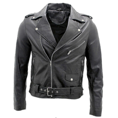 (XS) Men's Black Brando Leather Biker Jacket Abc