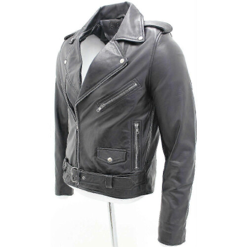 (XS) Men's Black Brando Leather Biker Jacket Abc 1