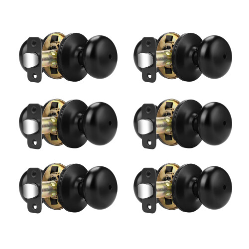 Keyless Privacy Door Knobs 6 Pack, Black Interior Handles for Bedroom and Bathroom, Adjustable Latch