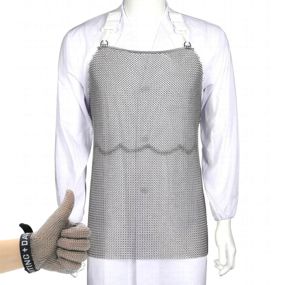 Cut Resistant Apron With Gloves, Stainless Steel Mesh Chainmail Safety Apron 55X90cm, Puncture Proof Design 9351714658553