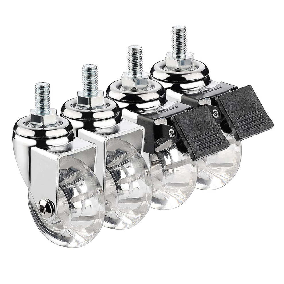 50Mm Transparent Furniture Caster Wheels Set Of 4, Quiet Pu Swivel Casters With Brake, M8 M10 Threaded Stem 9771547911432